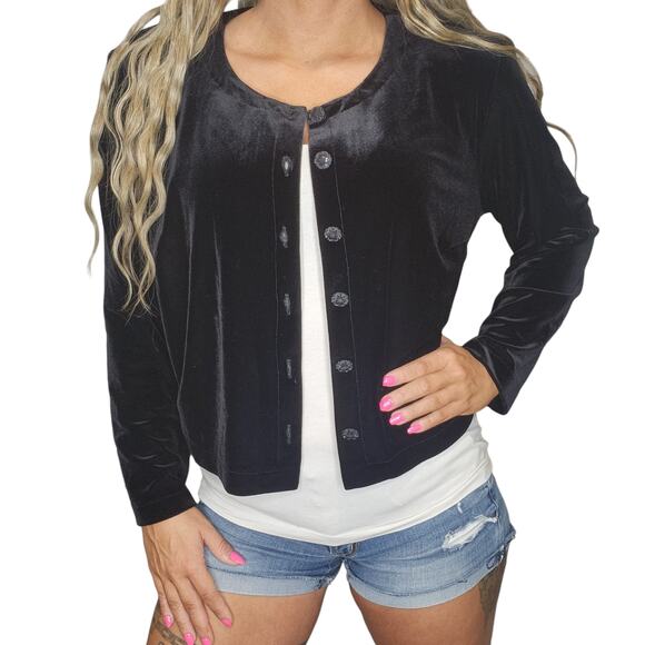 Vintage Velour Cardigan Womens Medium Small Black Long Sleeve Shiny Button Up - Picture 1 of 12